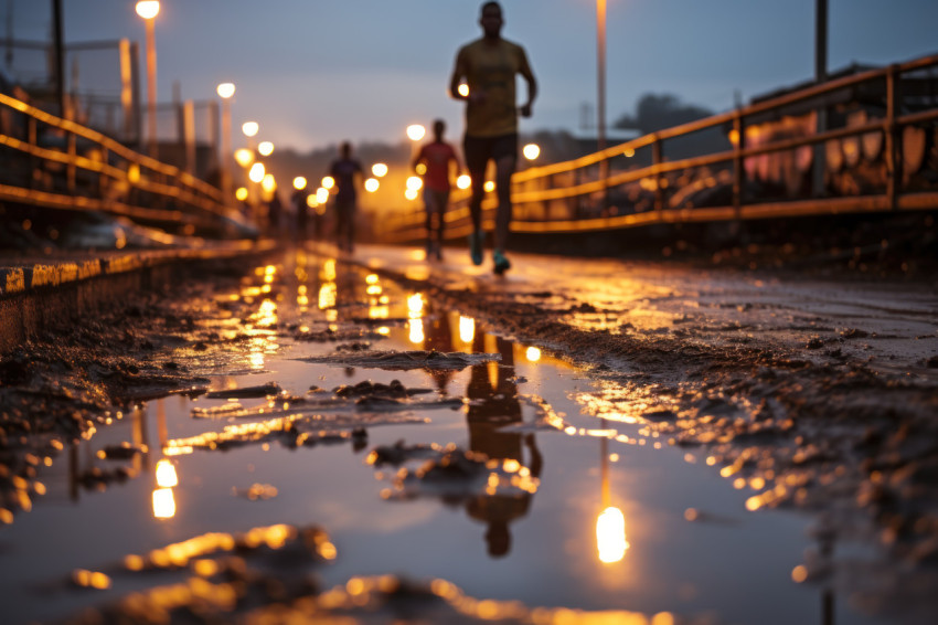 Female runners reflections dance in rain puddles on the track, r