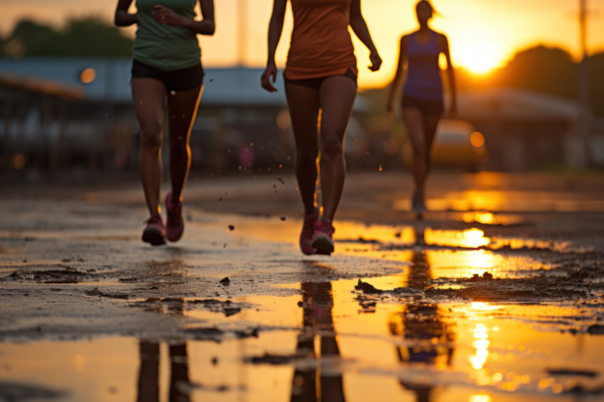 Reflective puddles capture female runners in motion, runner imag