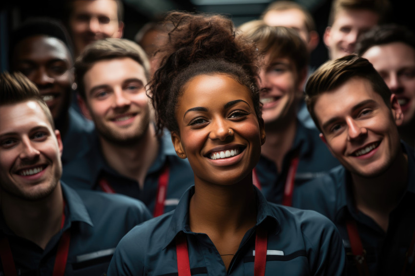 Employee celebrates surrounded by colleagues and friends medals aloft