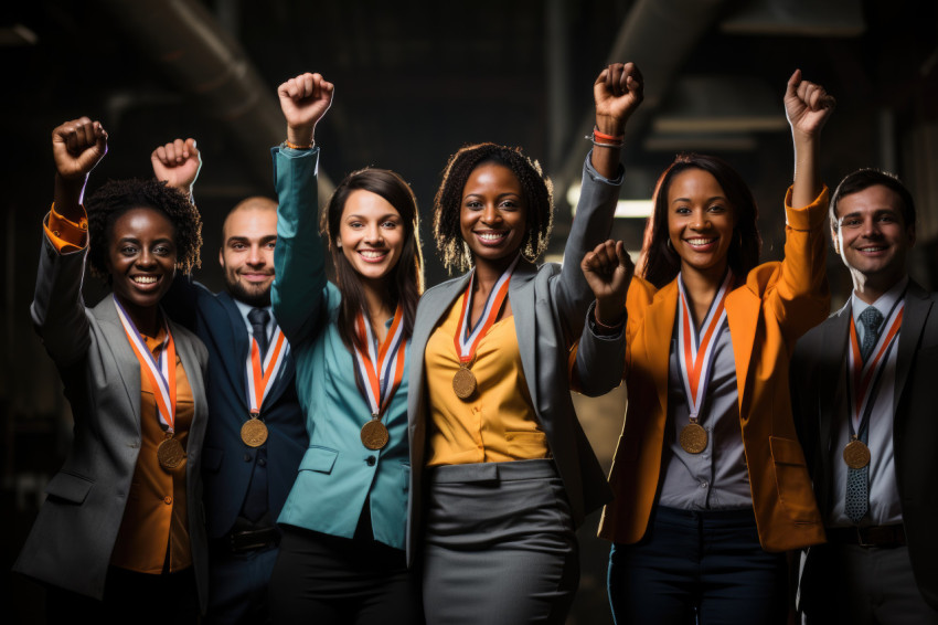 Employees medals transform into musical notes representing team harmony