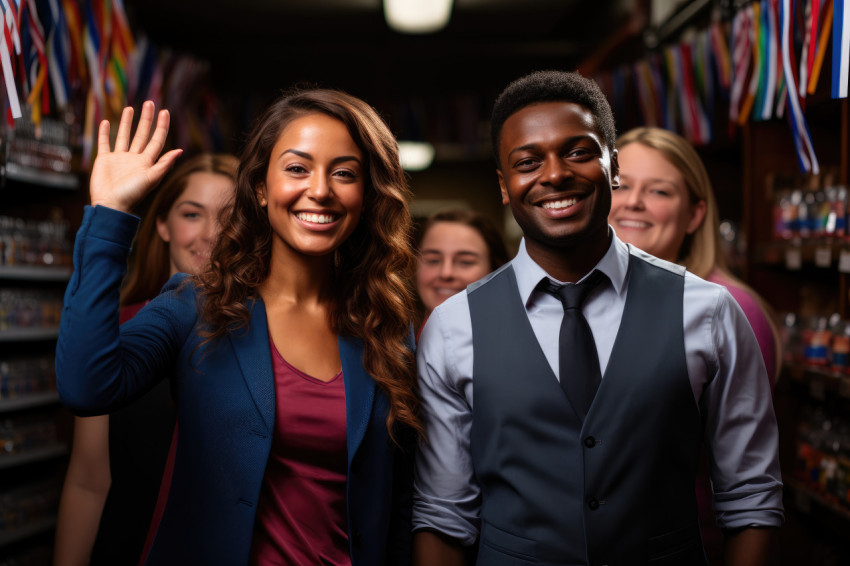 Employees celebrate success virtually exchanging high fives with shining medals