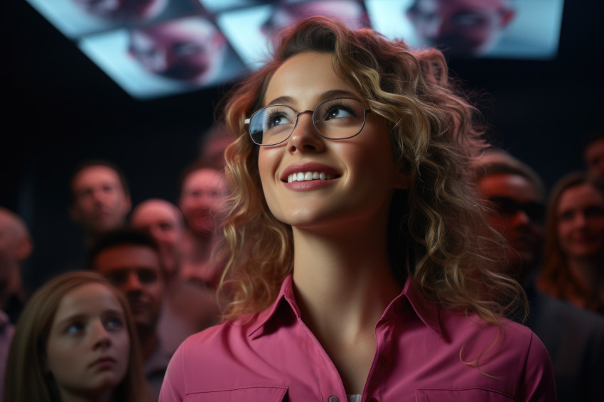 Woman surrounded by virtual cheers as she accepts award