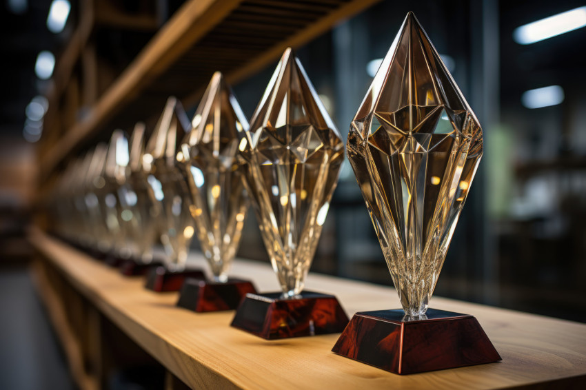 Close up view of trophies showcasing employee success