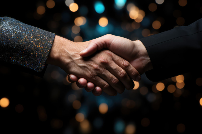 Employer and employee share a firm handshake in triumph