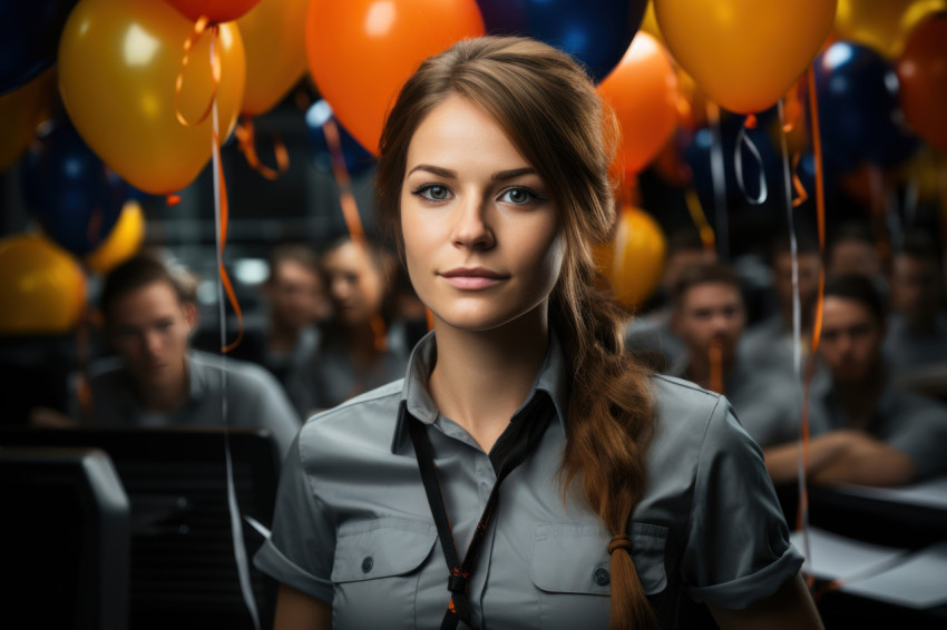 Employees wearing medals surrounded by balloons