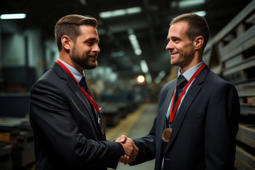 Seasoned professional transfers medal to young colleague