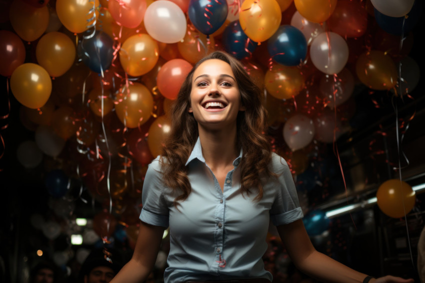 Office abuzz with balloons as woman holds award in excitement