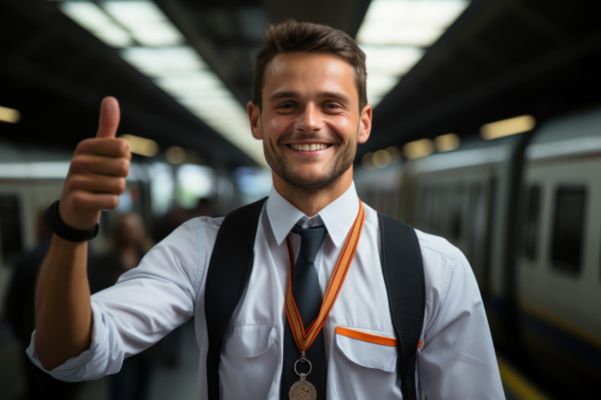 Employee facilitates leadership workshop wearing medal