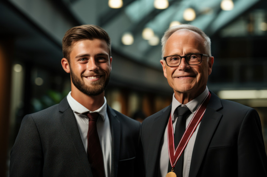 Senior employee imparts wisdom through medal presentation to junior