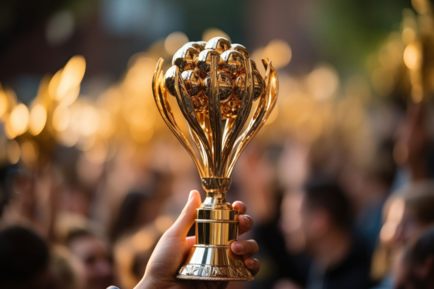 Hand grasps trophy with diverse team cheering in blurred background