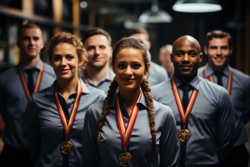 Employees wave medals in virtual team cheer