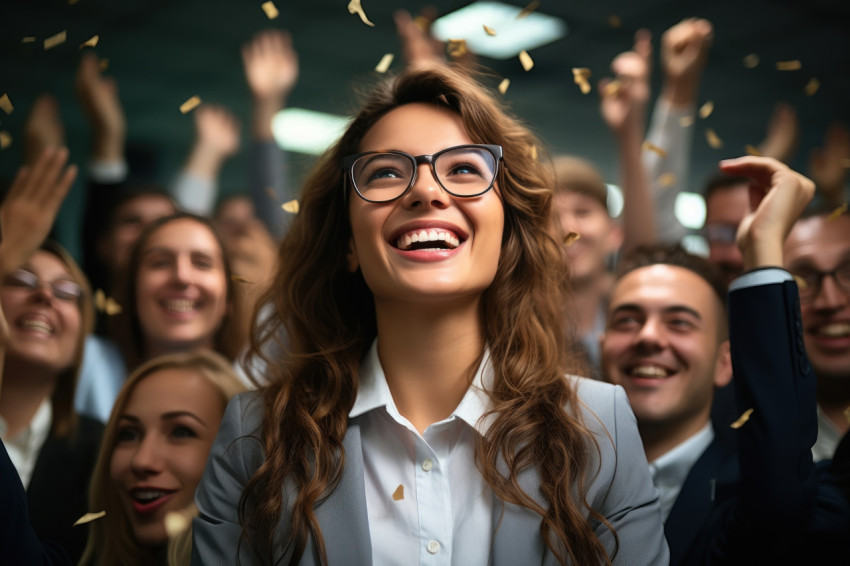 Smiling employee celebrates with colleagues claps and cheers