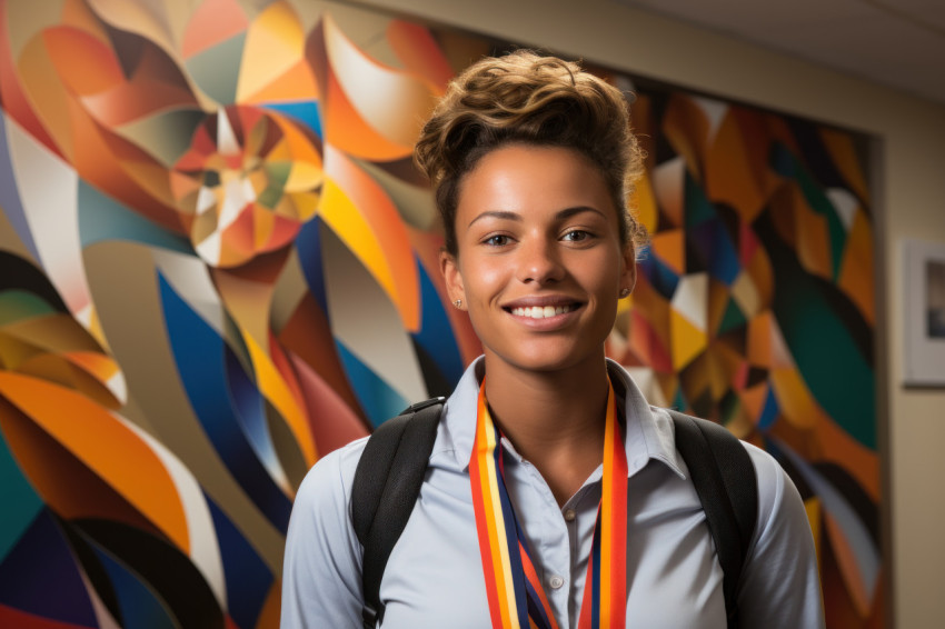 Employee poses next to office mural celebrating team triumphs