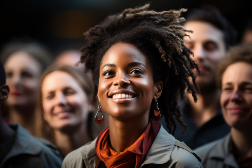 Colleagues share warm huddle congratulating and appreciating recognized woman