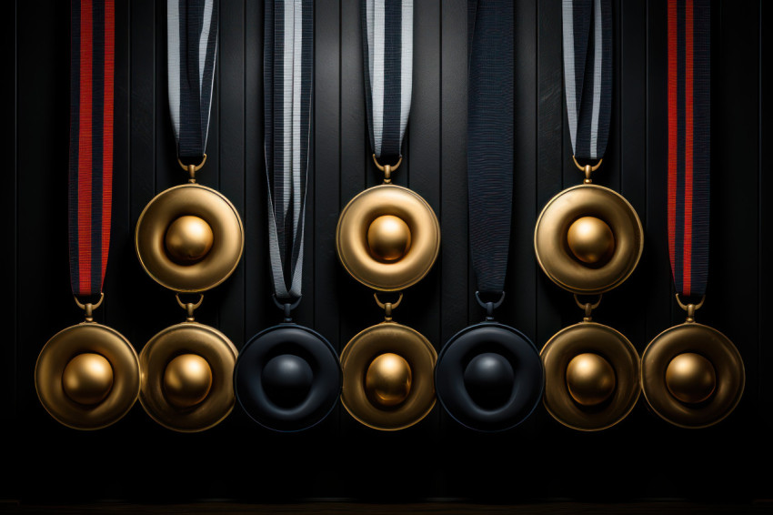 Artistic medals arrangement creates a striking showcase of team accomplishments