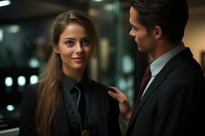 Manager hands medal to employee embracing casual recognition