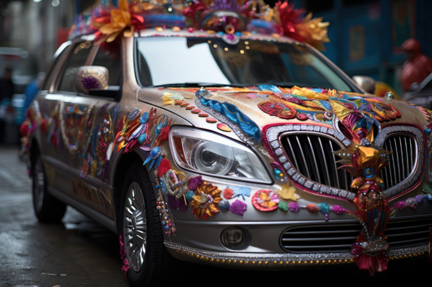 A venetian carnival themed cars and floats bring the streets to life in a vibrant procession