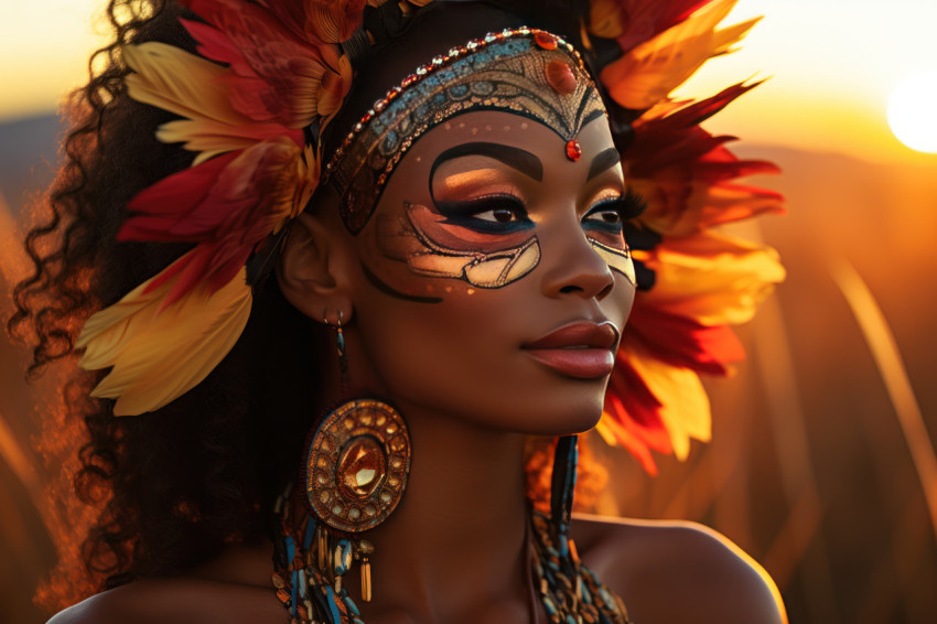 A woman in a sunflower field with a mask as the sun paints the sky