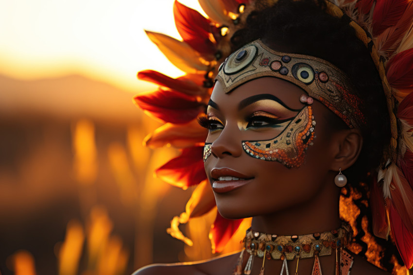 A woman adorned with mask in a field of sunflowers A woman adorned with mask in a field of sunflowers