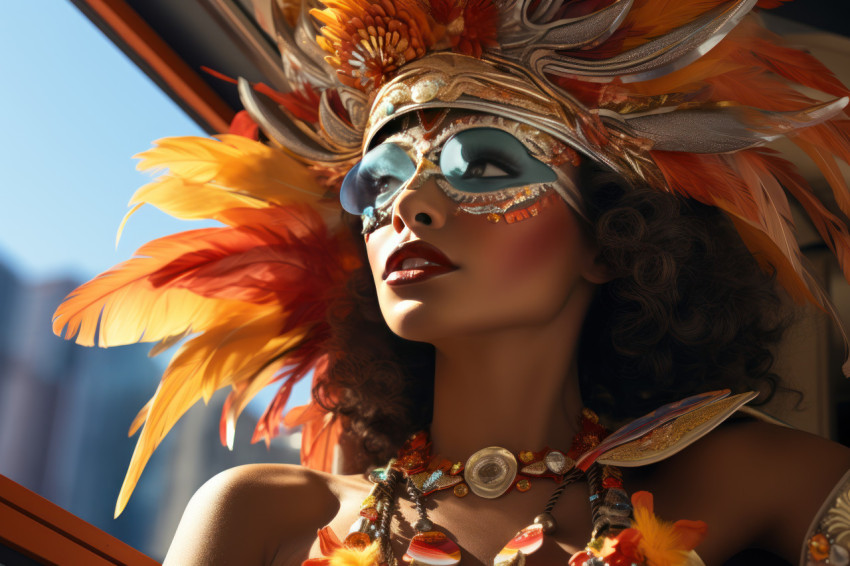 Woman in carnival mask retreats to rooftop above bustling carnival