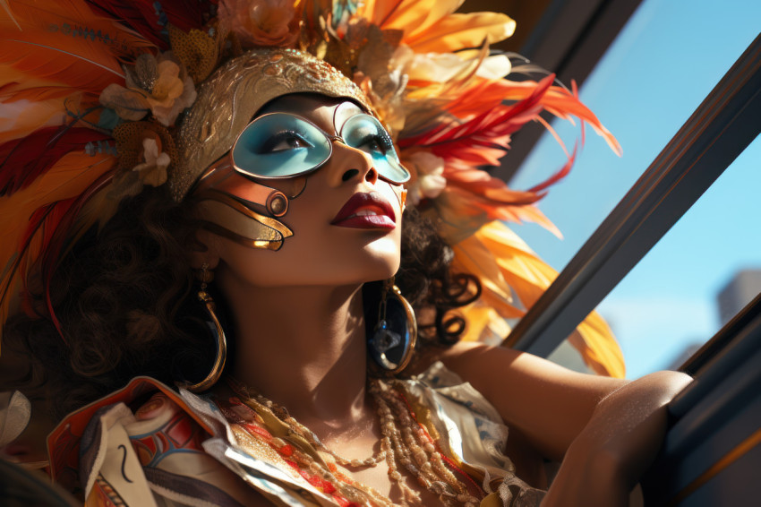 Woman in carnival mask carnival from rooftop oasis