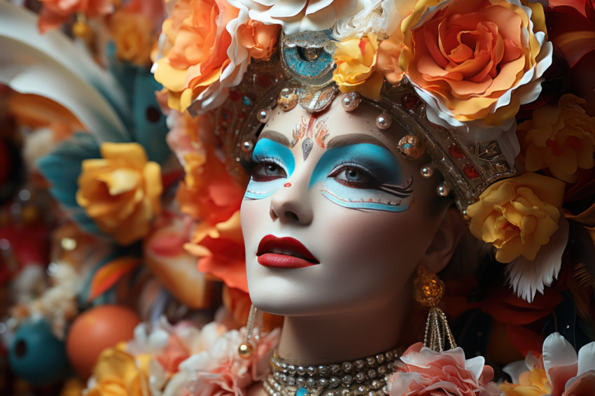 Carnival woman amid floating props