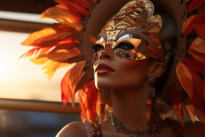 Serene carnival moment masked woman on evening swing