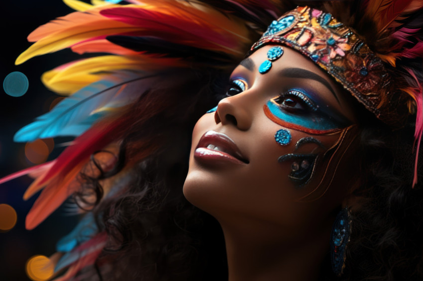 Firework fantasy woman in carnival mask captivated by nighttime festivity