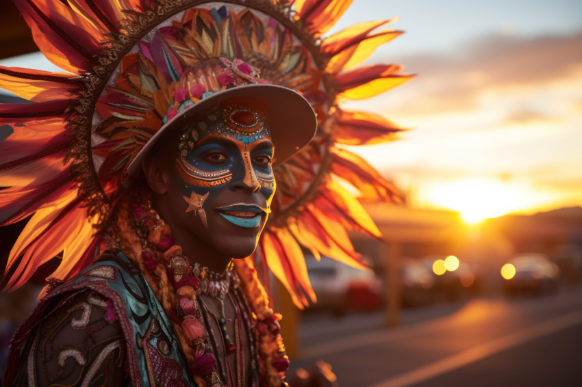 Carnival stroll masked man in the twilight parade