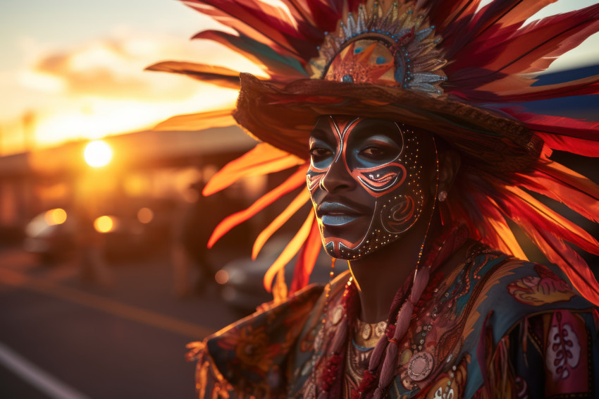 Carnival masked man parading in enchanting twilight