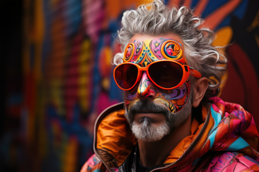 Colorful urban fusion carnival masked figure in graffiti backdrop