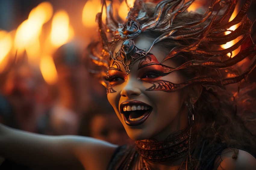 Danger fire baton twirlers in flame themed masks Danger fire baton twirlers in flame themed masks