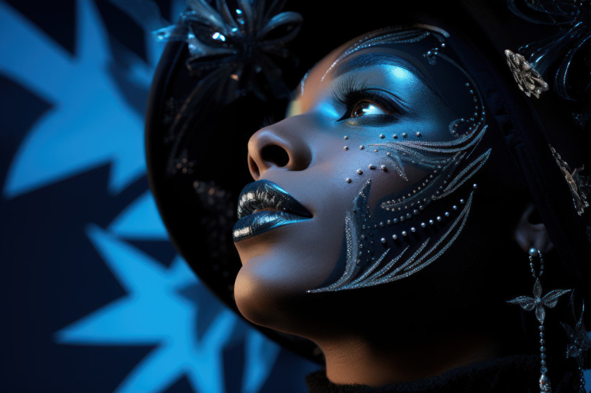 Mystical moonlit carnival woman in intricate mask beneath indigo sky