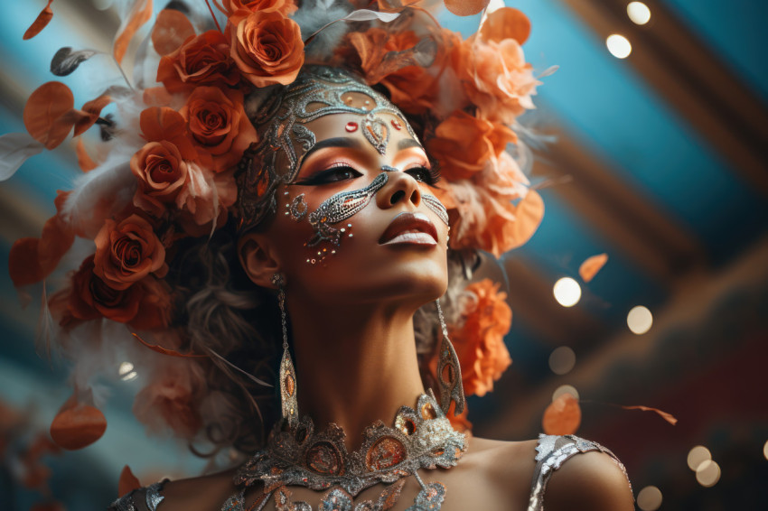 Masked woman dancing gracefully amidst carnival decor in a ballroom Masked woman dancing gracefully amidst carnival decor in a ballroom