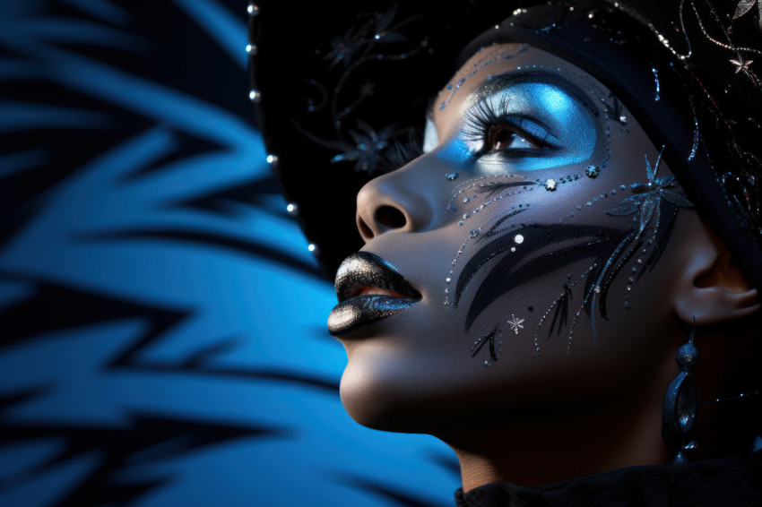 Enchanting nightfall woman intricate mask gleaming under indigo sky