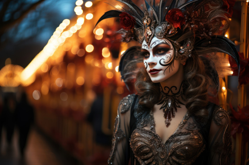 Masked midnight wanderlust woman in carnival park