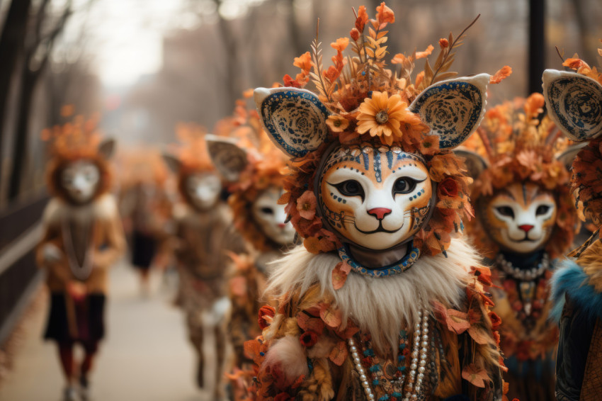 Animal march carnival participants in unique masks