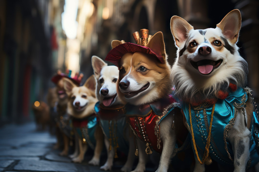 Venetian carnival attired dogs and owners parade