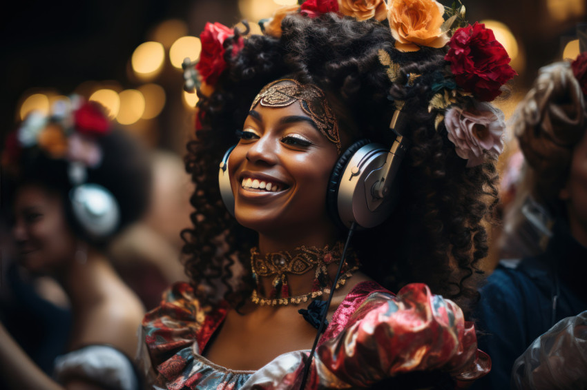 Venetian carnival dancers in silent disco celebration