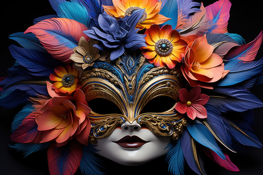 Vibrant feathered mask in close up view