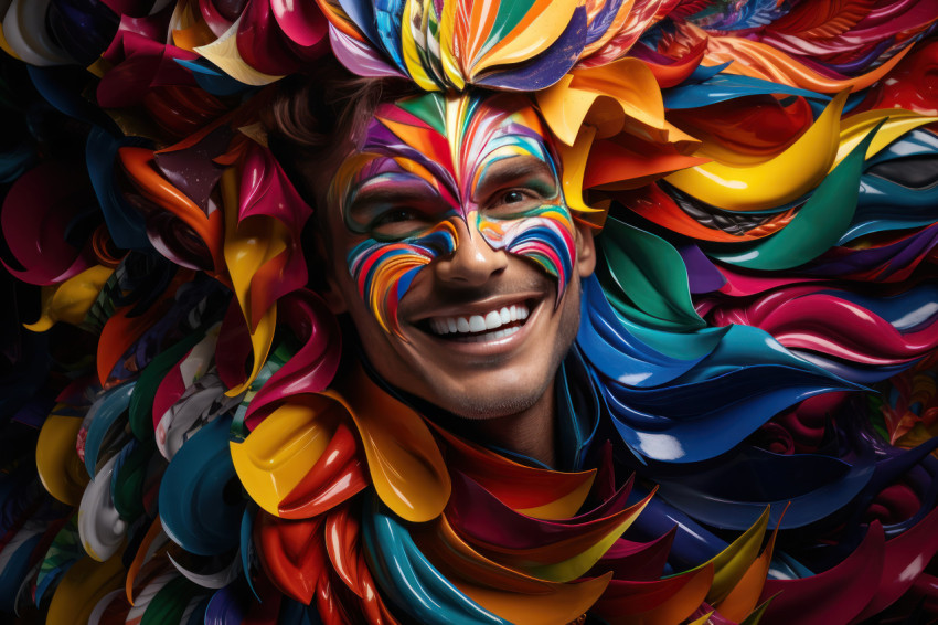 Ribbons of carnival masked man encircled by vivid swirling colors