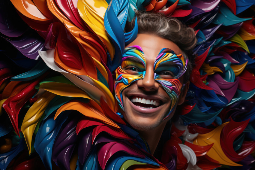 Vibrancy carnival masked man amid colorful ribbon cyclone