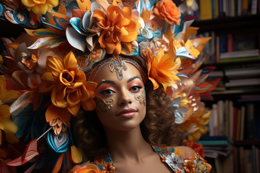 Literary carnival nook masked woman engrossed in carnival worlds