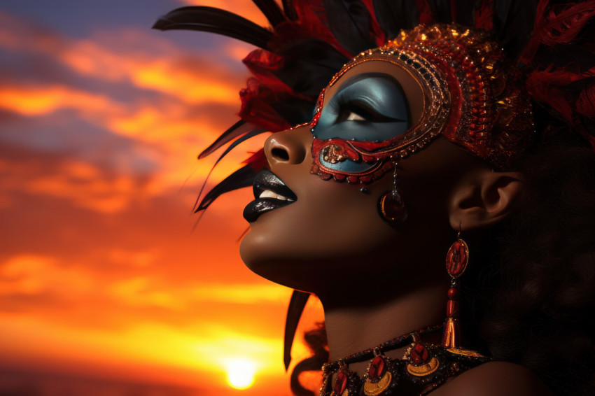 Woman silhouette with carnival mask reflecting warmth