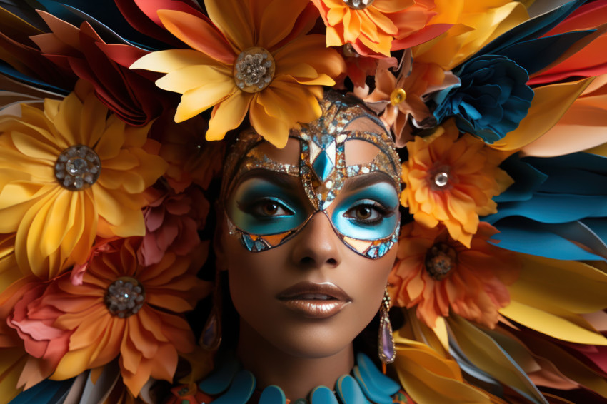 Kaleidoscopic carnival woman in mask amidst hanging carnival masks