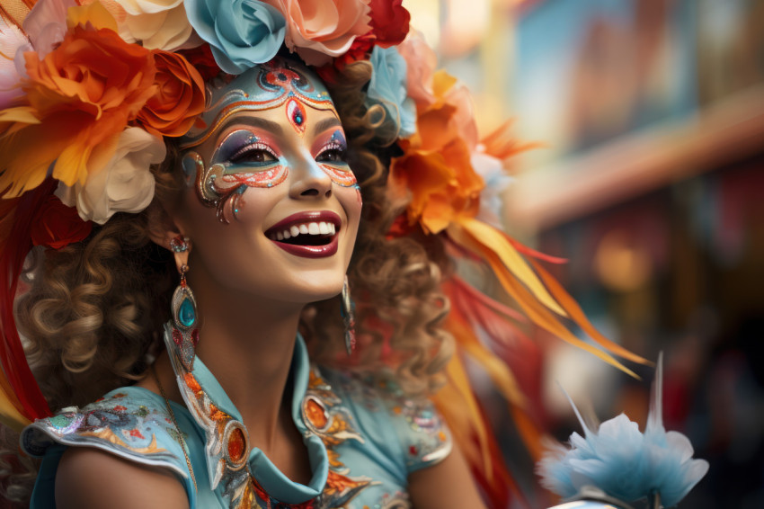 Carnival elegance woman playful mask in parade revelry