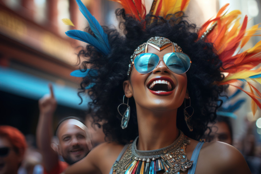 Carnival street dance woman in vibrant mask entertains onlooker