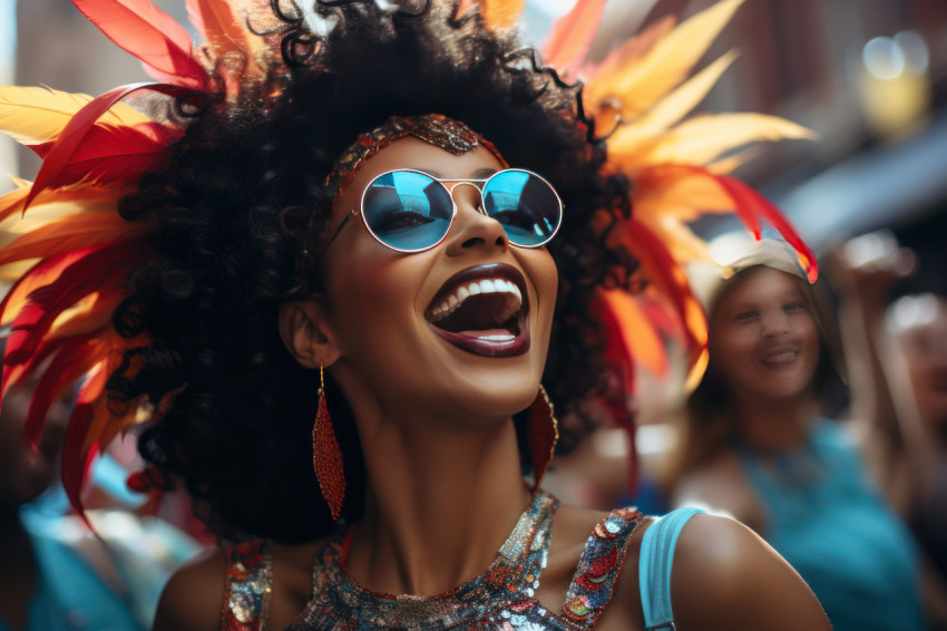 Cheering crowds carnival masked woman lively street dance