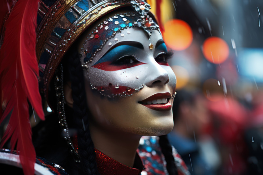 Masks in rain adding mystery to carnival elegance