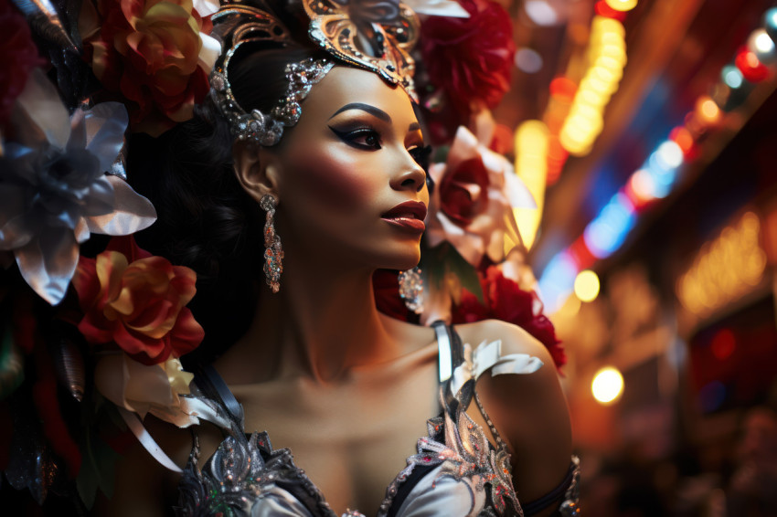 Elegant woman with carnival mask in lights